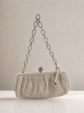 Brighton White Perforated Shoulder Bag/Clutch with Silver Chain